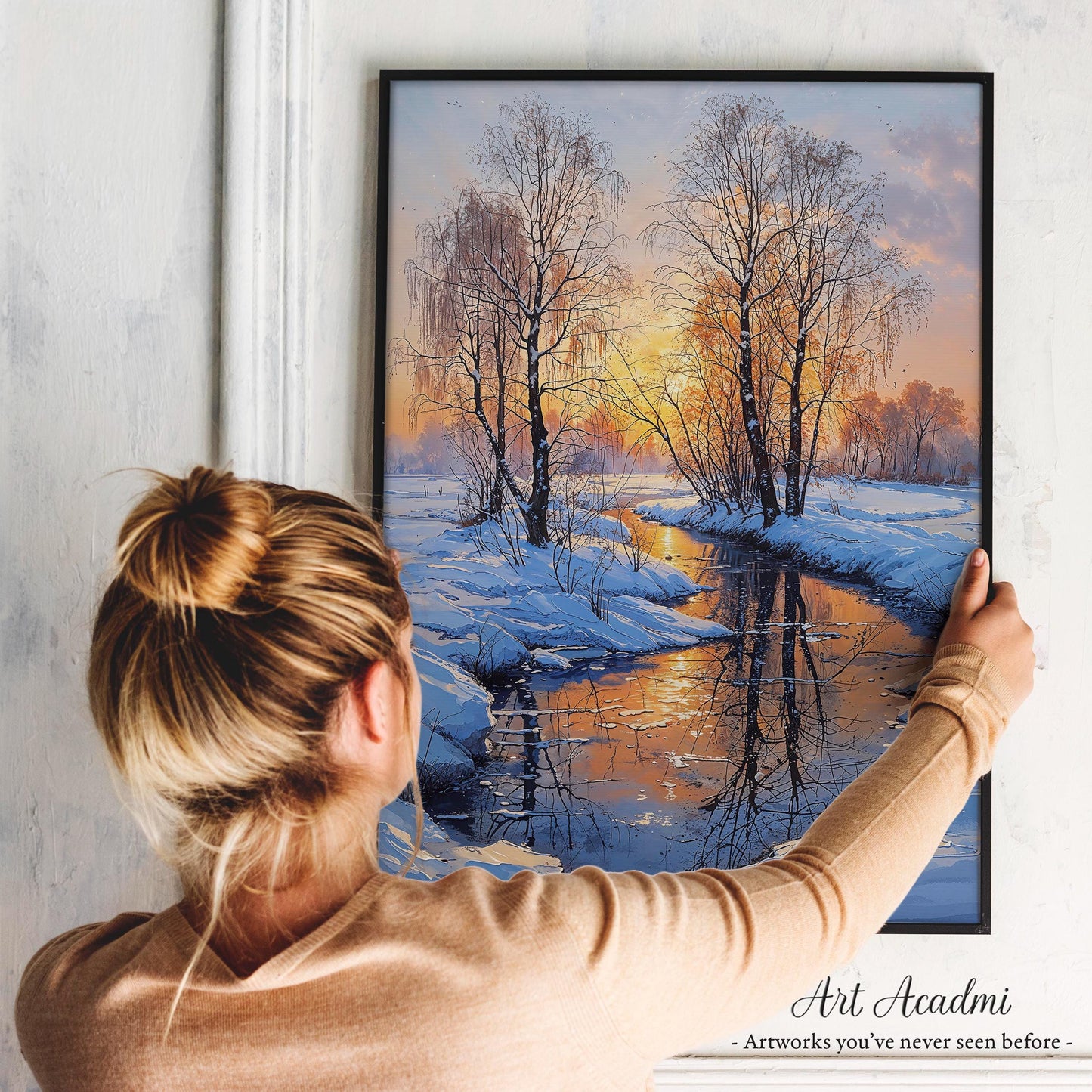 Golden Winter Sunset with Snowy Stream and Bare Trees - Serene Landscape Printable Art | Art Academi