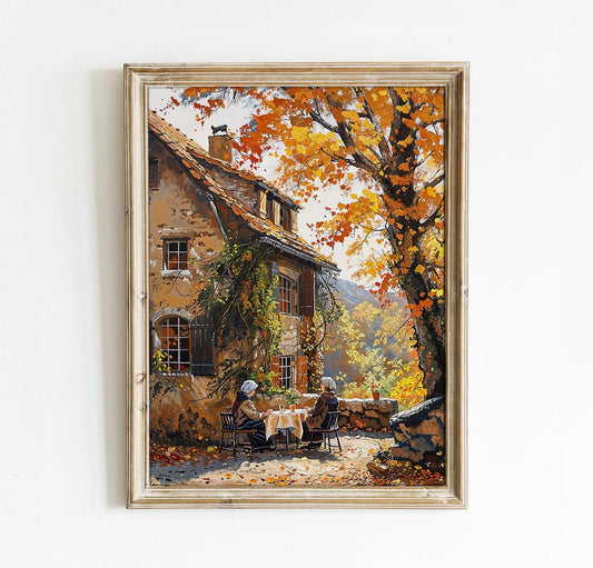 Cozy Autumn Cottage Scene with Two Women at a Garden Table - Countryside Printable Art | Art Academi