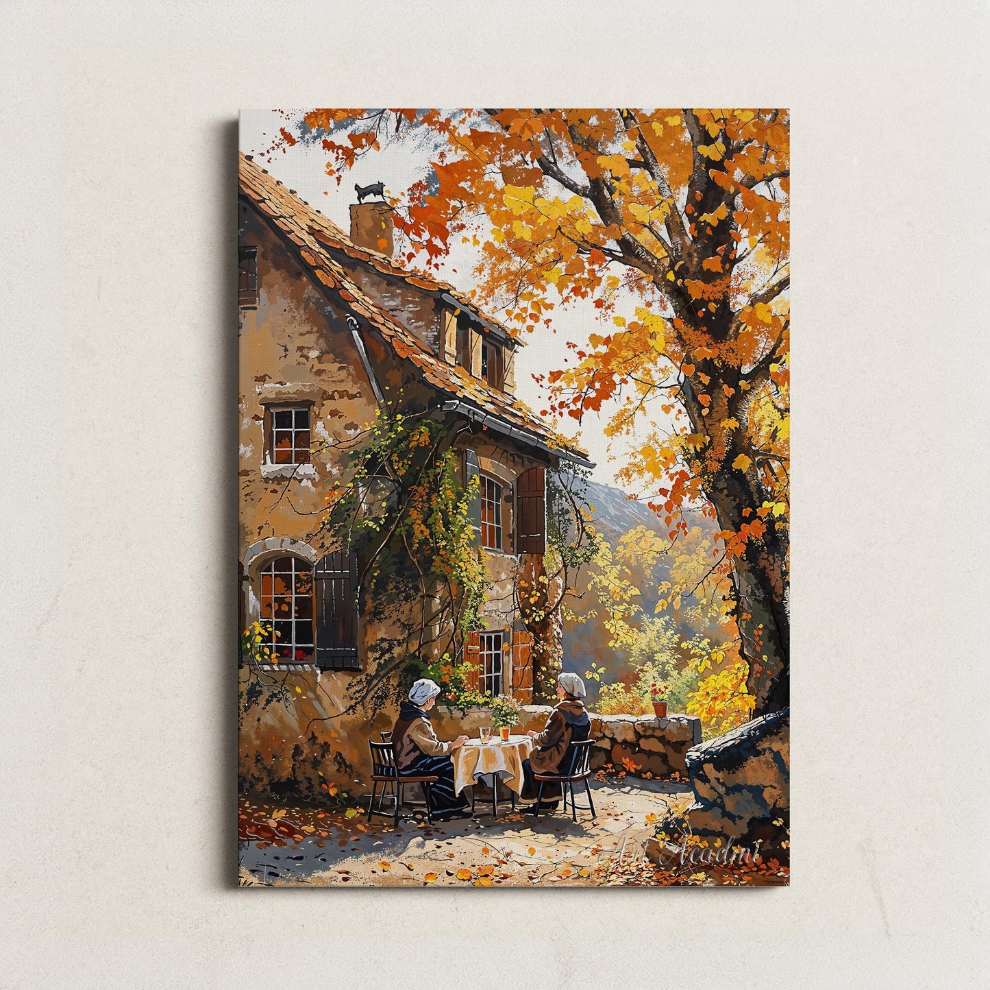 Cozy Autumn Cottage Scene with Two Women at a Garden Table - Countryside Printable Art | Art Academi