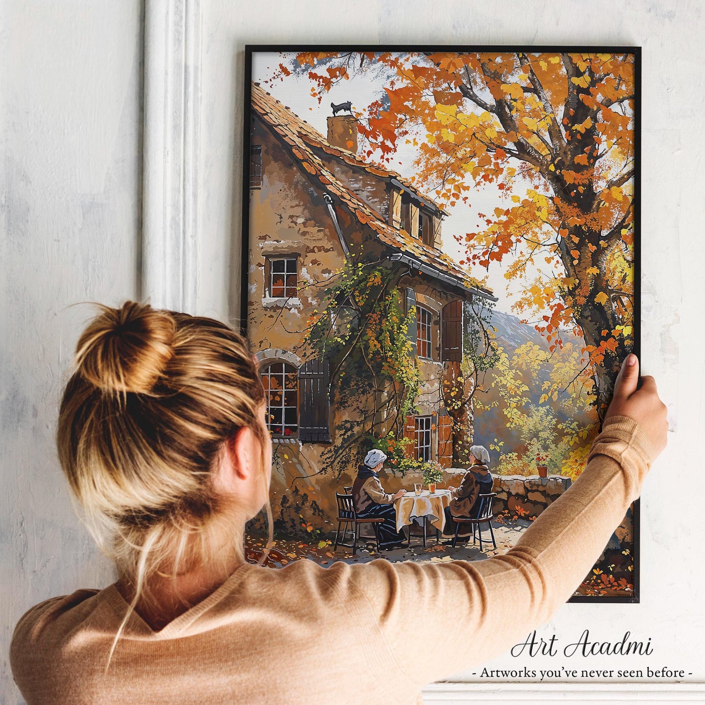 Cozy Autumn Cottage Scene with Two Women at a Garden Table - Countryside Printable Art | Art Academi