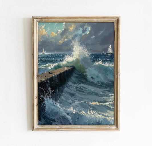 Dramatic Ocean Waves Crashing Against Pier with Sailboats in Distance - Nautical Landscape Printable Art | Art Academi