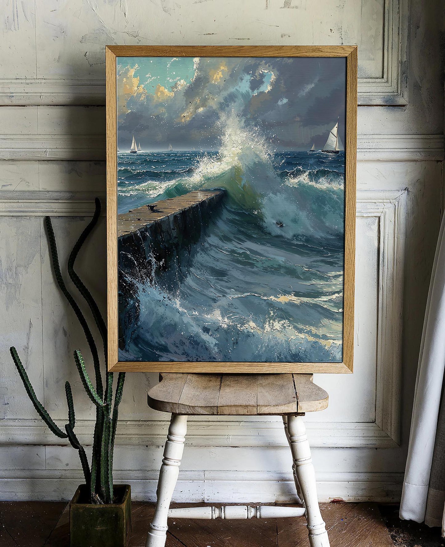 Dramatic Ocean Waves Crashing Against Pier with Sailboats in Distance - Nautical Landscape Printable Art | Art Academi