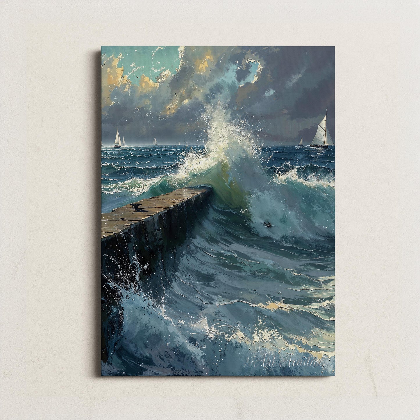 Dramatic Ocean Waves Crashing Against Pier with Sailboats in Distance - Nautical Landscape Printable Art | Art Academi