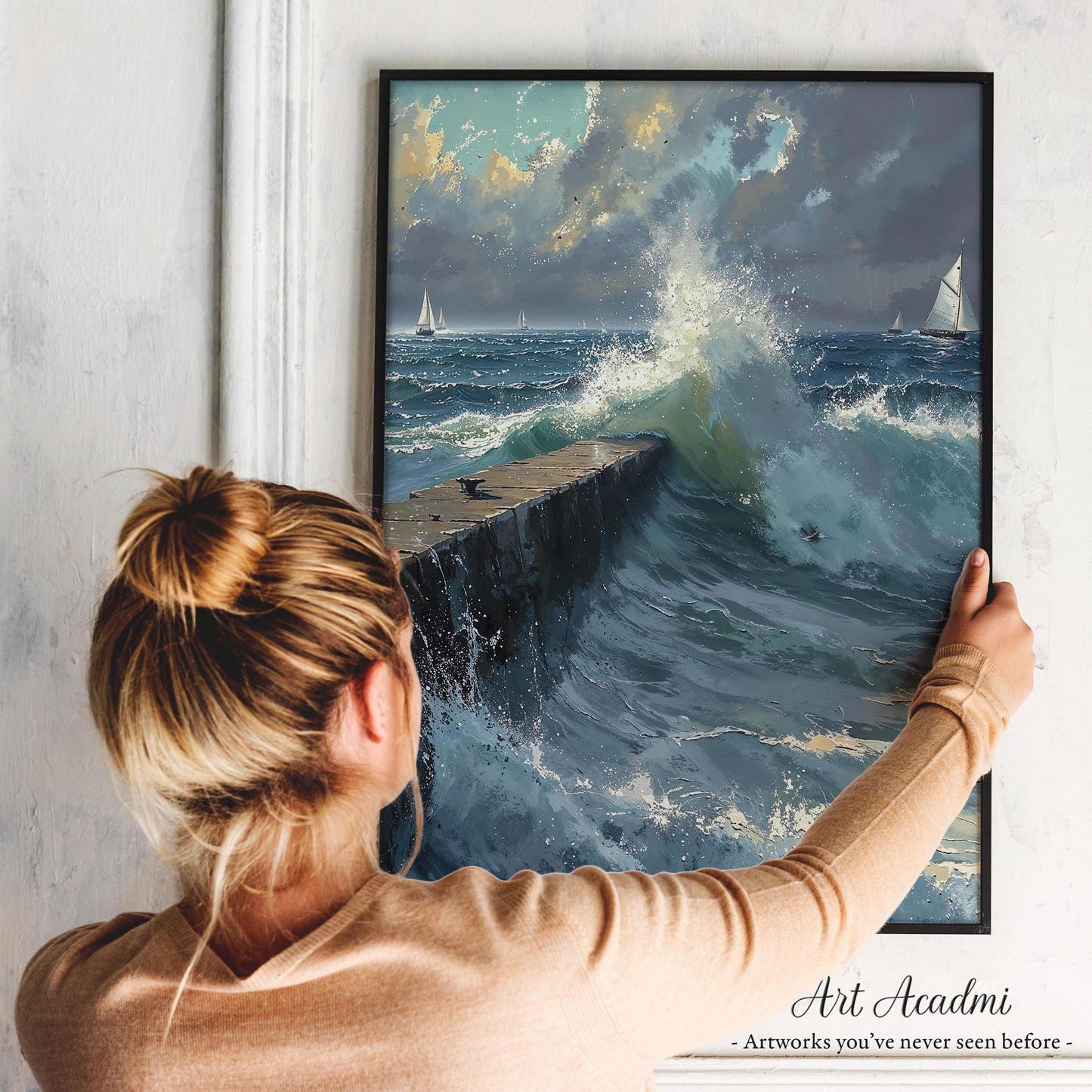 Dramatic Ocean Waves Crashing Against Pier with Sailboats in Distance - Nautical Landscape Printable Art | Art Academi