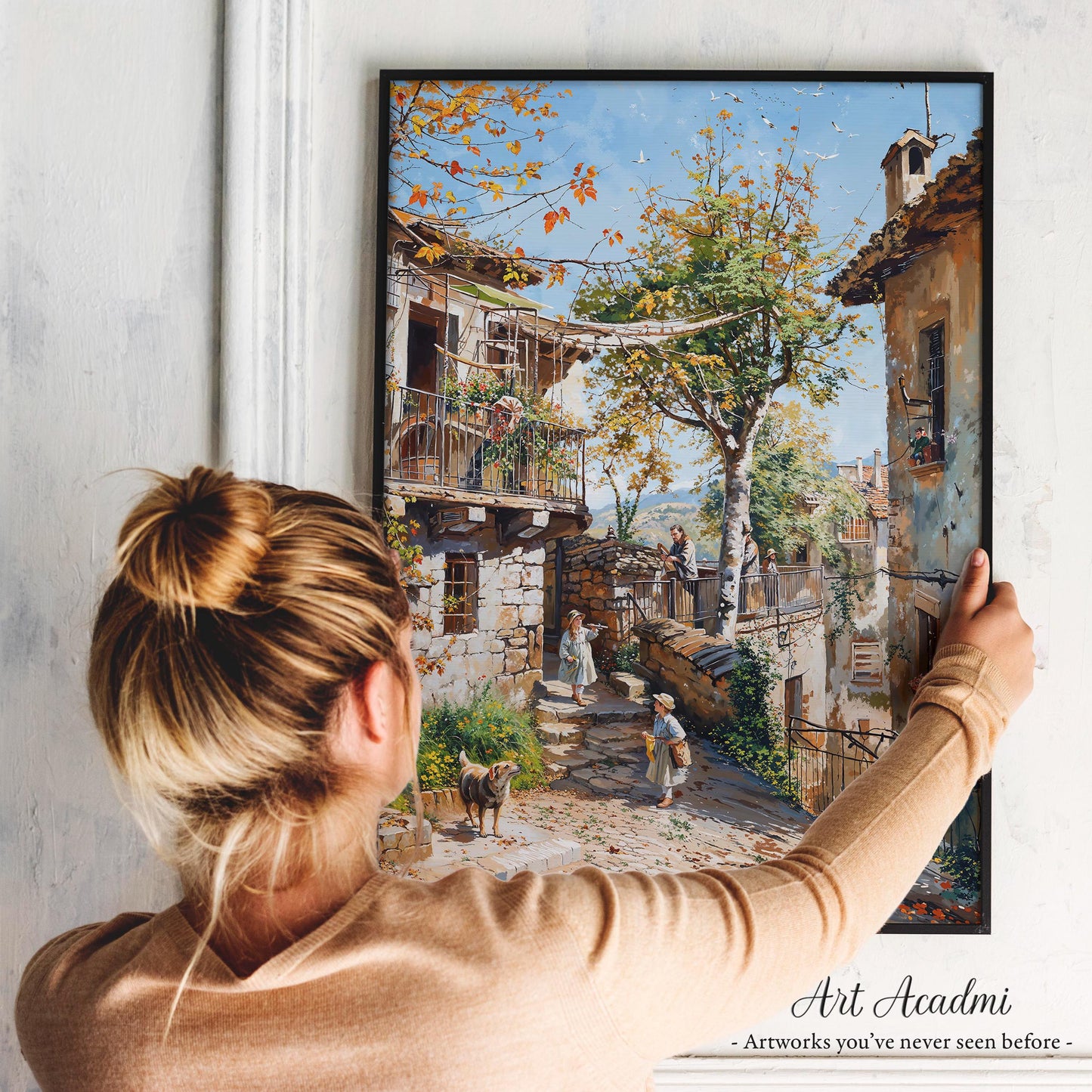 Charming Village Scene with Cobblestone Streets - Rustic Printable Art | Art Academi