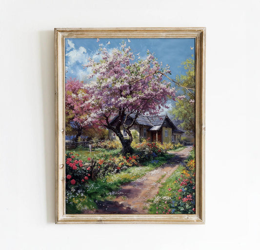 Spring Cottage Garden with Blossoming Trees - Romantic Printable Art | Art Academi