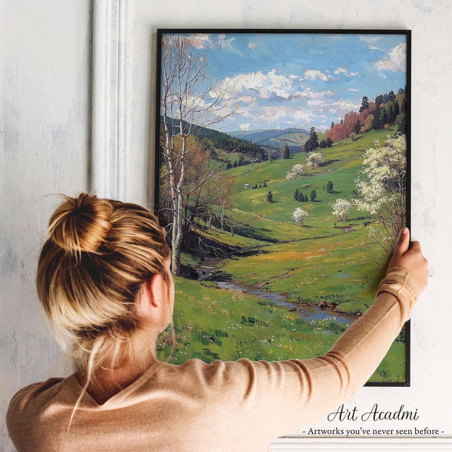 Springtime Meadow with Blooming Trees and Rolling Hills - Nature-Inspired Printable Art | Art Academi