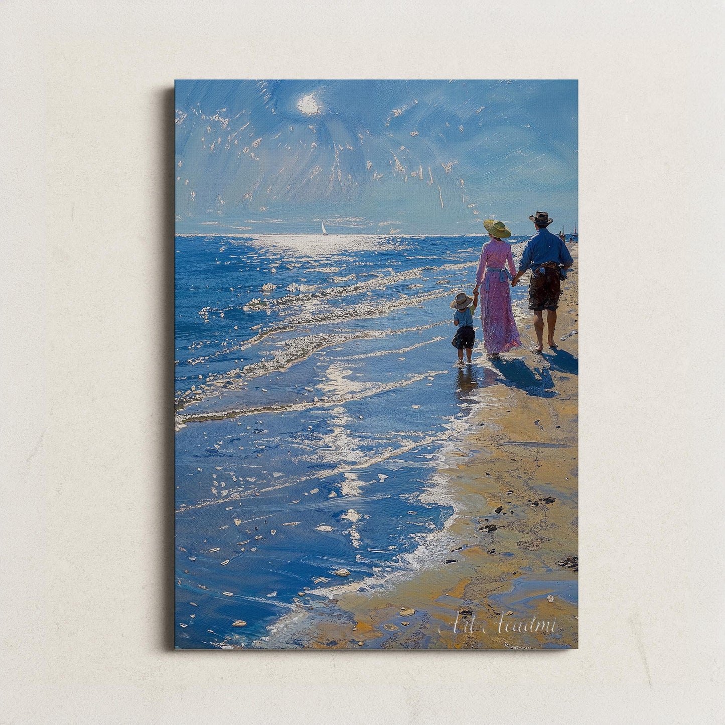 Family Stroll Along the Sunlit Shore - Beach Scene Printable Art | Art Academi