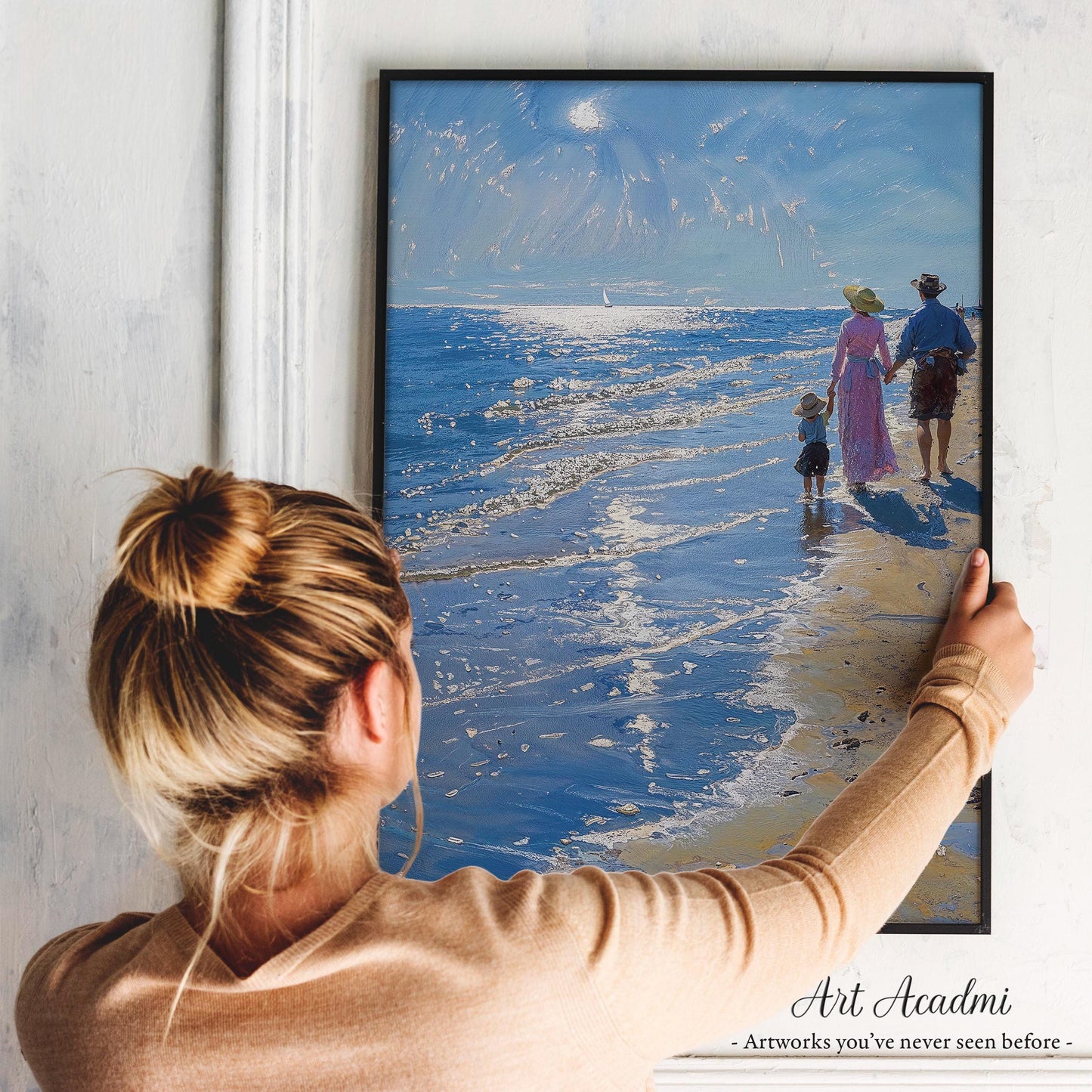 Family Stroll Along the Sunlit Shore - Beach Scene Printable Art | Art Academi