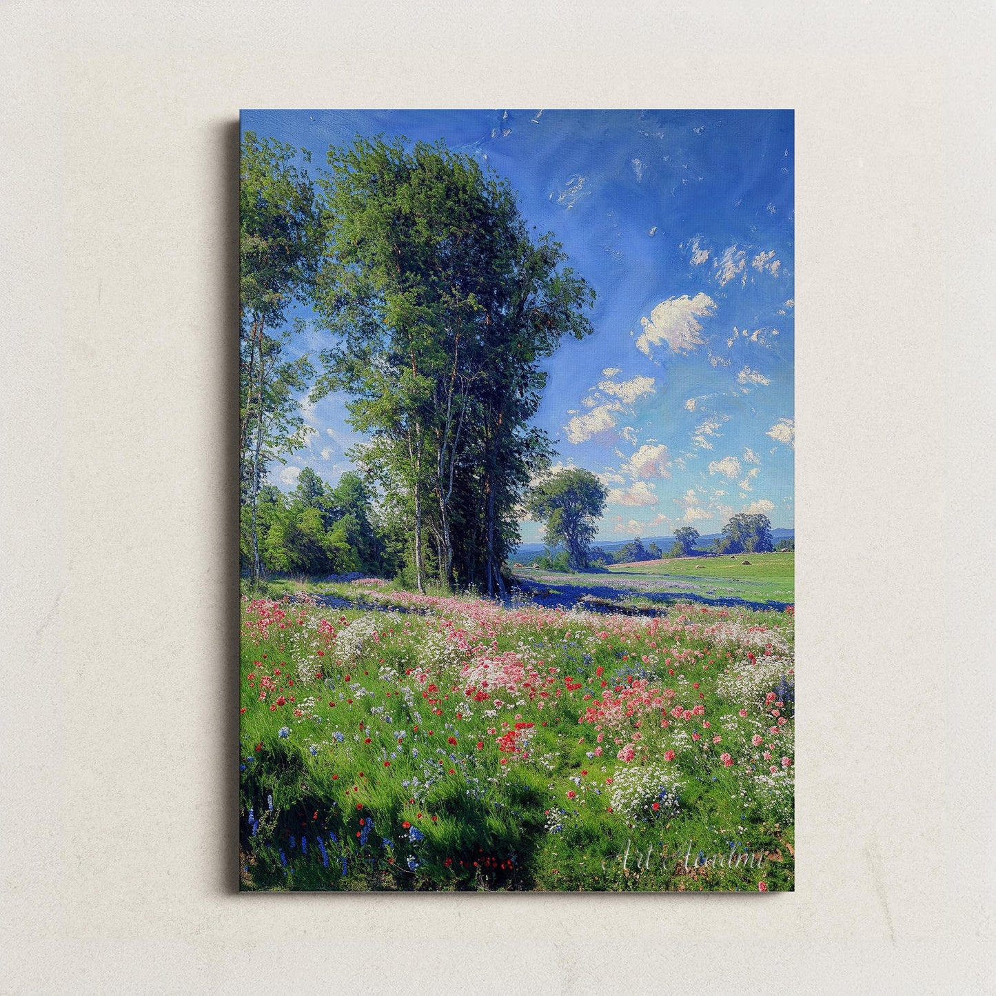 Vibrant Wildflower Meadow with Towering Trees - Nature Landscape Printable Art | Art Academi