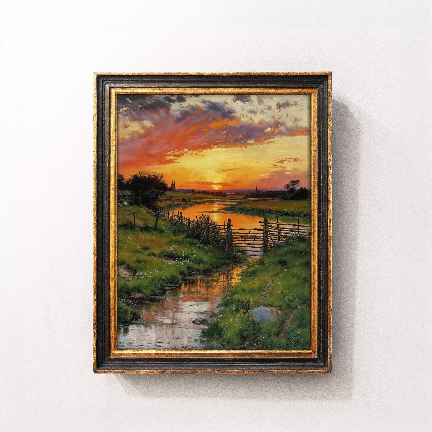 Golden Sunset Over a Serene Countryside Stream with Rustic Fences - Landscape Printable Art | Art Academi