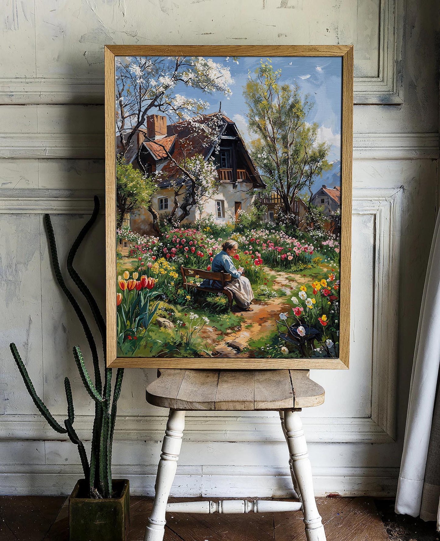 Charming Garden Cottage with Blooming Flowers and a Woman Resting - Countryside Printable Art | Art Academi