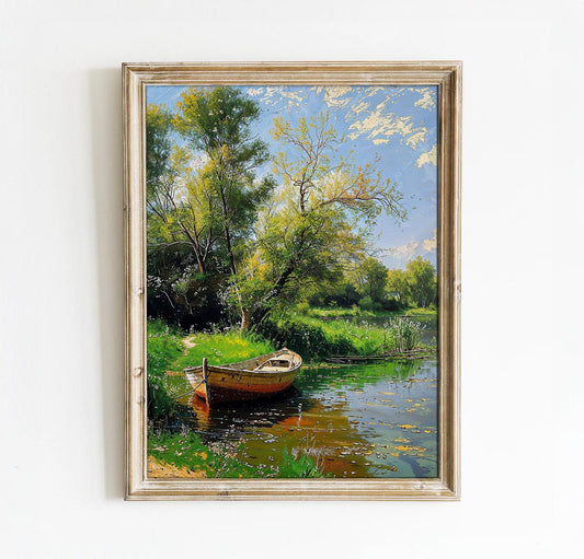 Tranquil Riverbank with Wooden Boat and Blooming Trees - Nature Landscape Printable Art | Art Academi