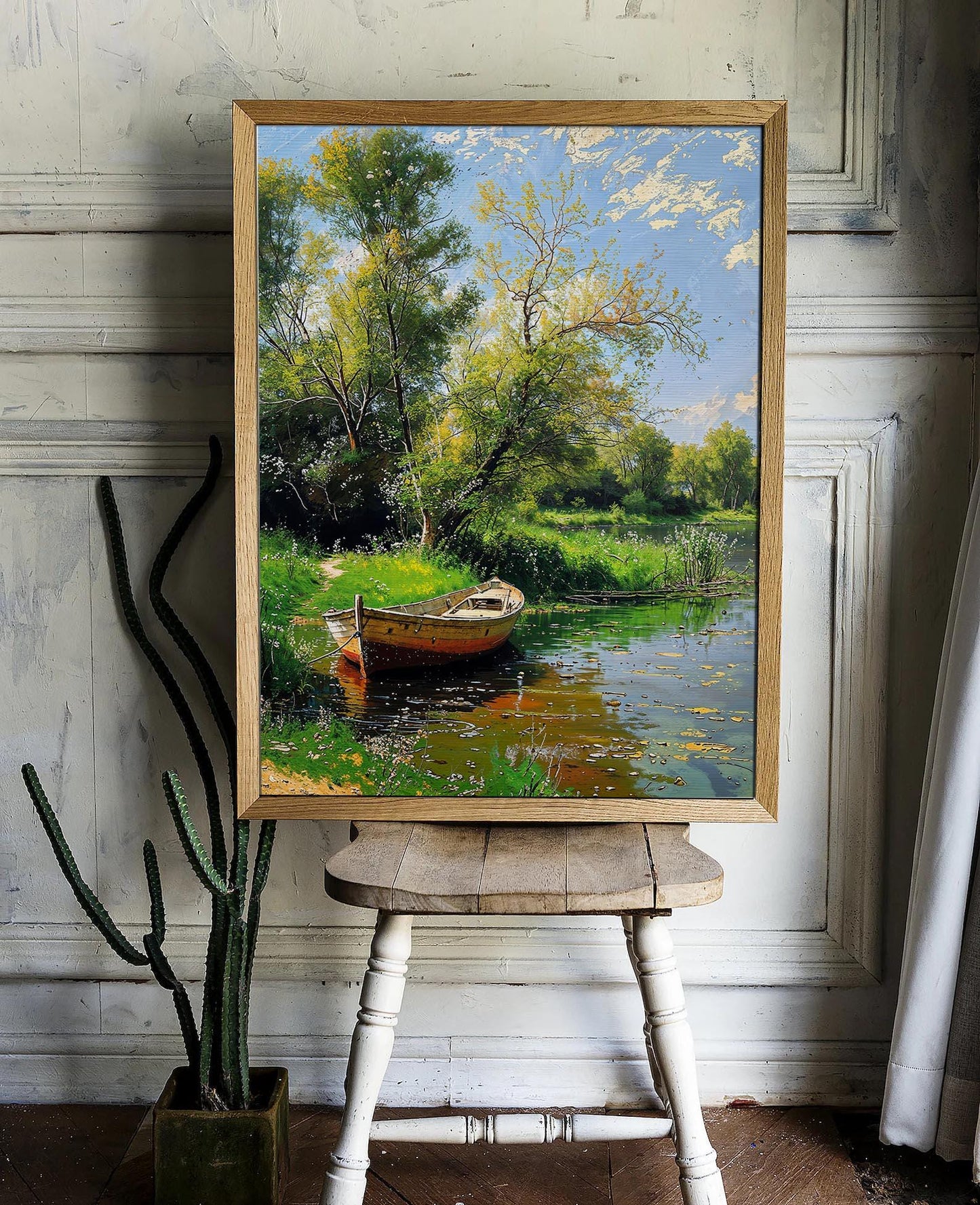 Tranquil Riverbank with Wooden Boat and Blooming Trees - Nature Landscape Printable Art | Art Academi