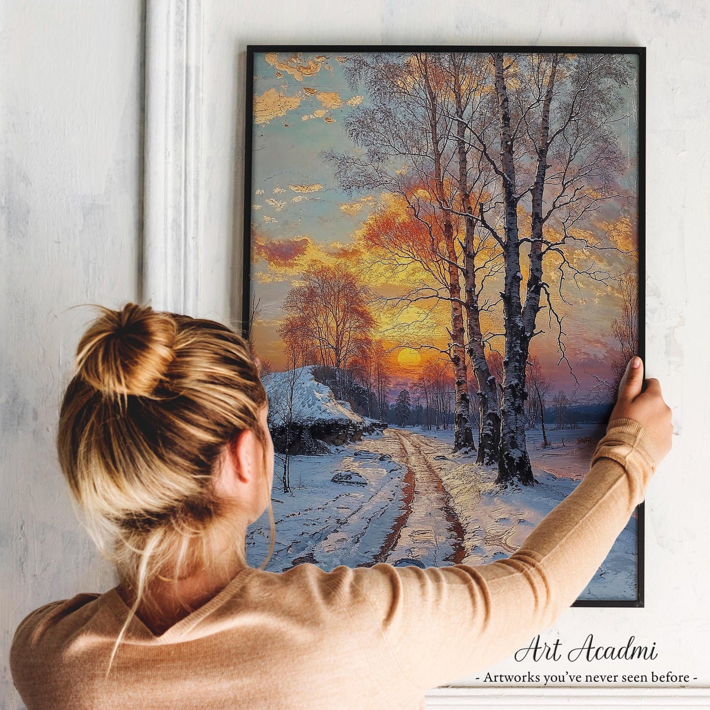 Winter Sunset with Snowy Path and Birch Trees - Serene Landscape Printable Art | Art Academi