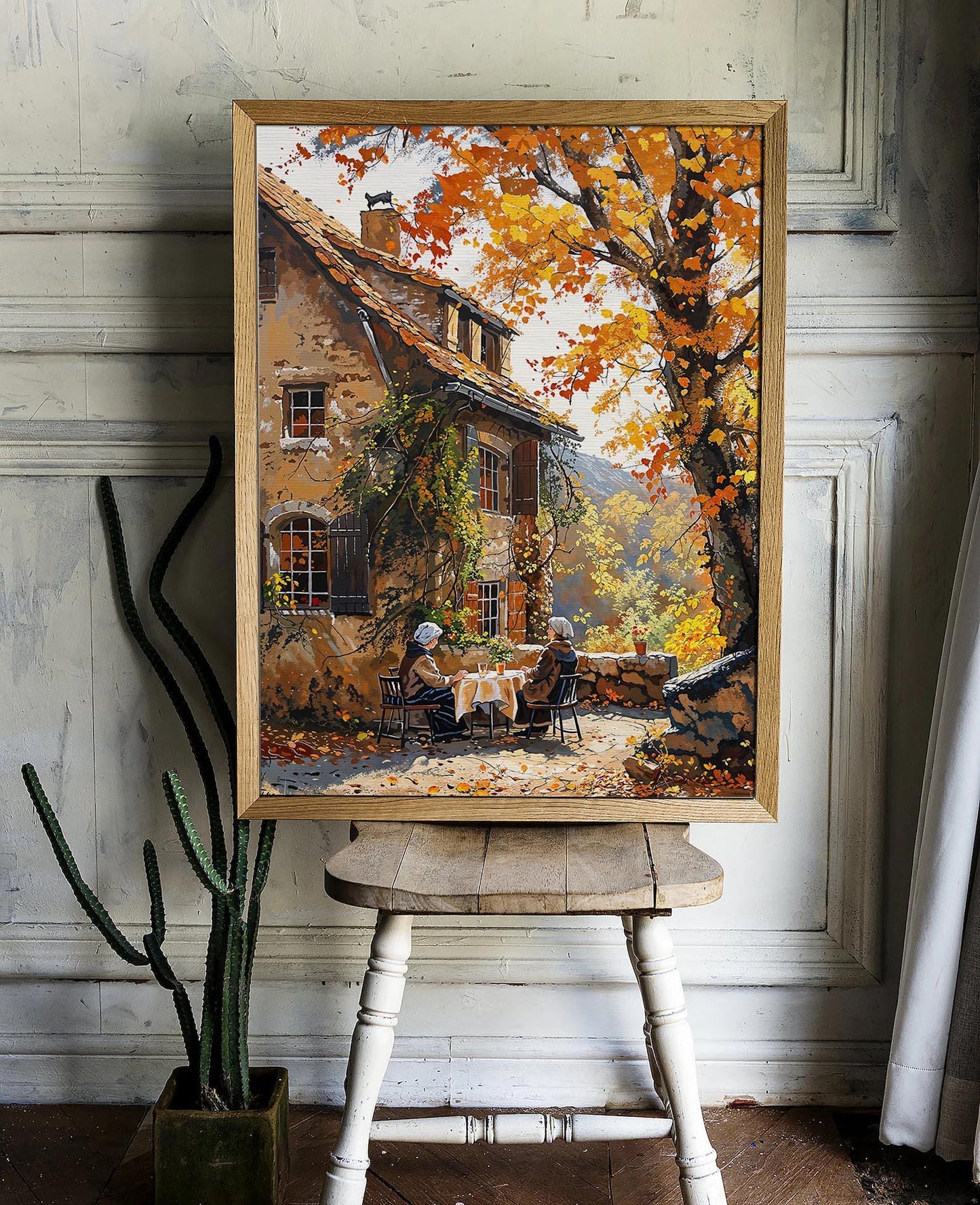 Cozy Autumn Cottage Scene with Two Women at a Garden Table - Countryside Printable Art | Art Academi