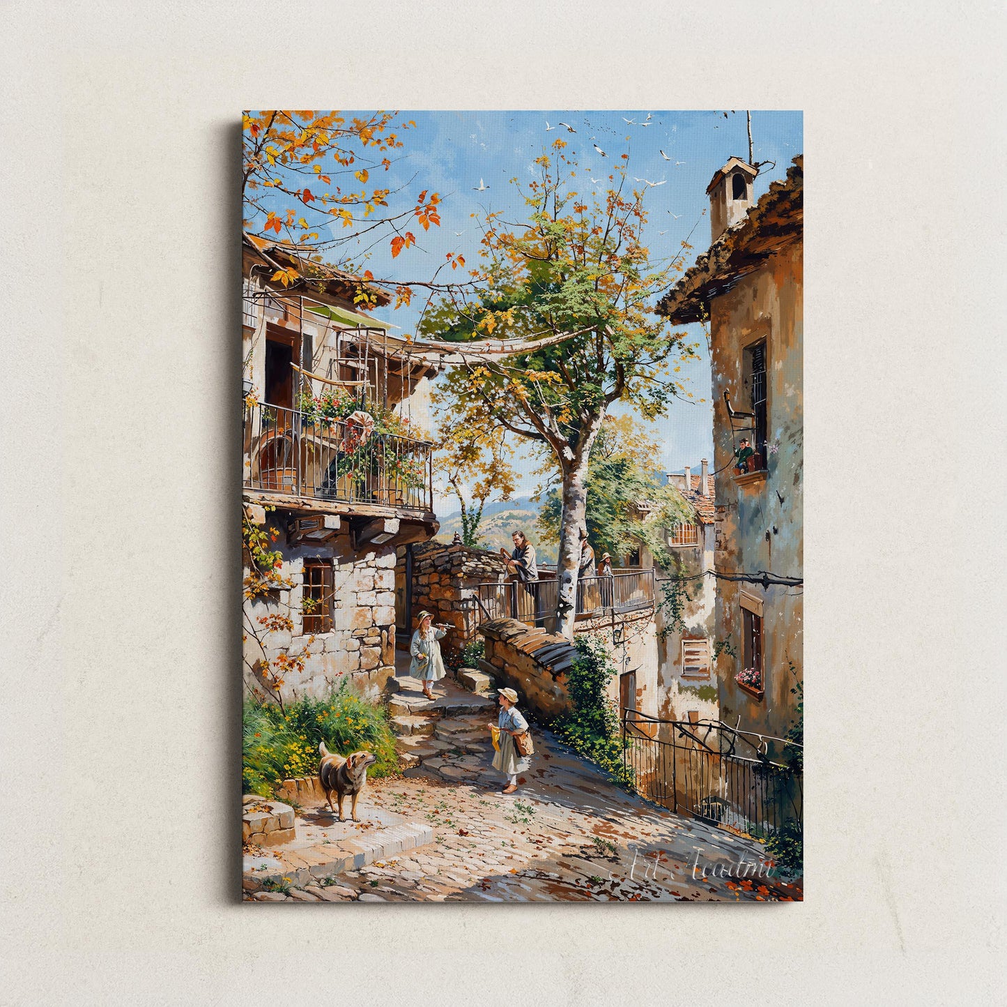 Charming Village Scene with Cobblestone Streets - Rustic Printable Art | Art Academi