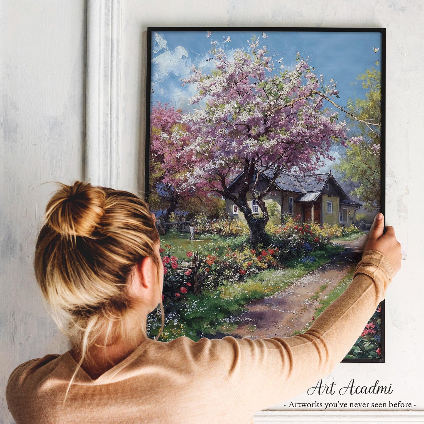 Spring Cottage Garden with Blossoming Trees - Romantic Printable Art | Art Academi