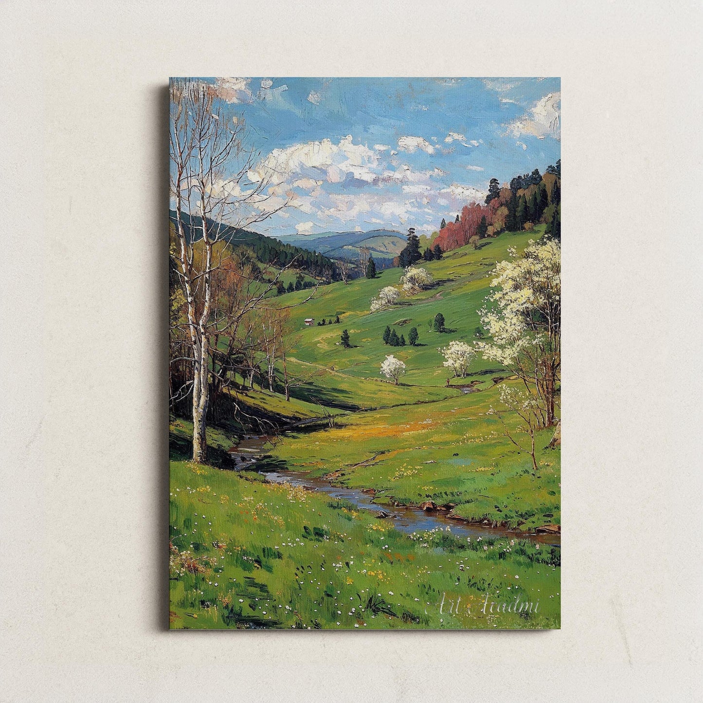 Springtime Meadow with Blooming Trees and Rolling Hills - Nature-Inspired Printable Art | Art Academi