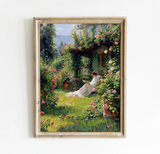 Peaceful Garden Retreat with Blooming Roses and a Woman Reading - Serene Digital Wall Art | Art Academi