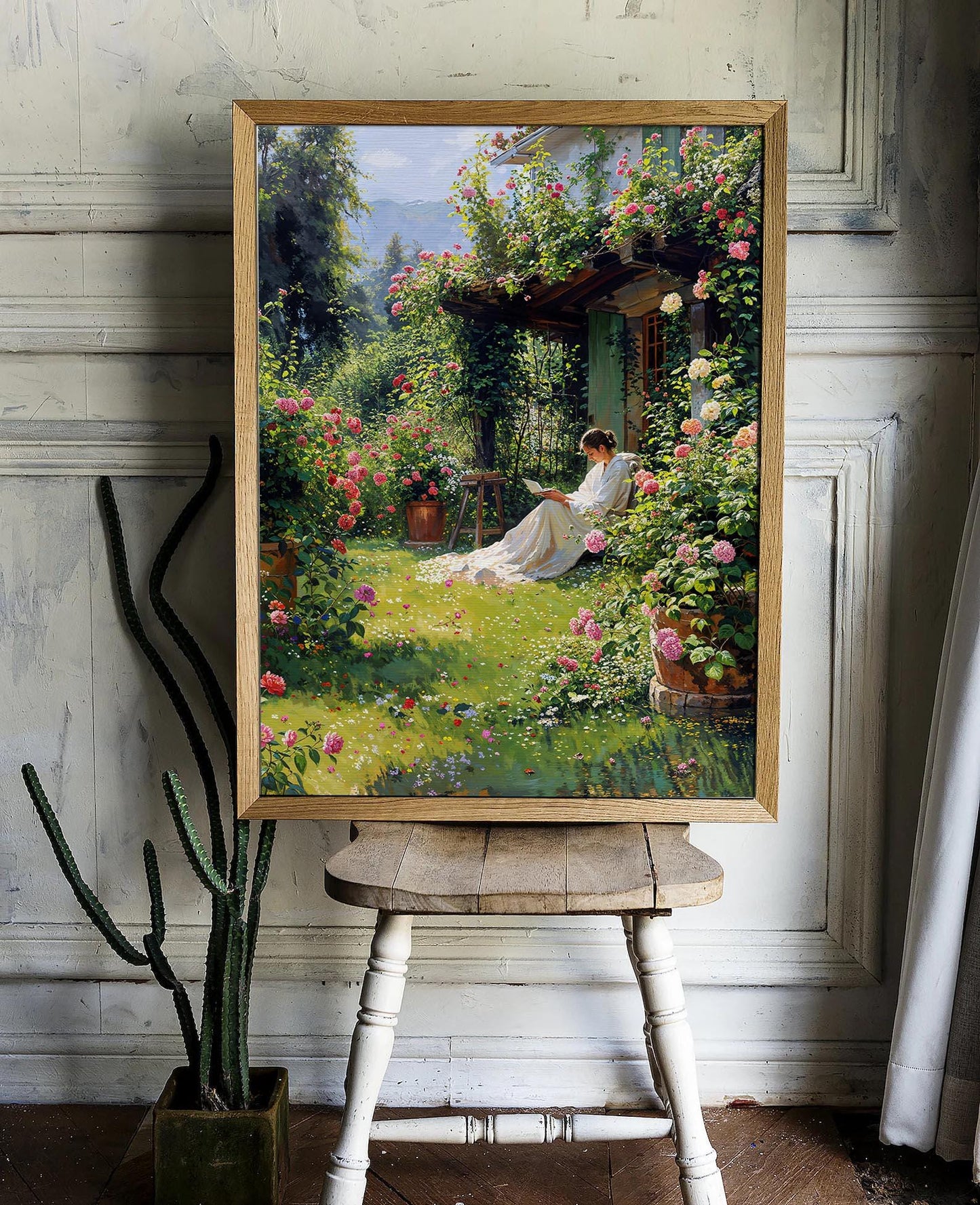 Peaceful Garden Retreat with Blooming Roses and a Woman Reading - Serene Digital Wall Art | Art Academi