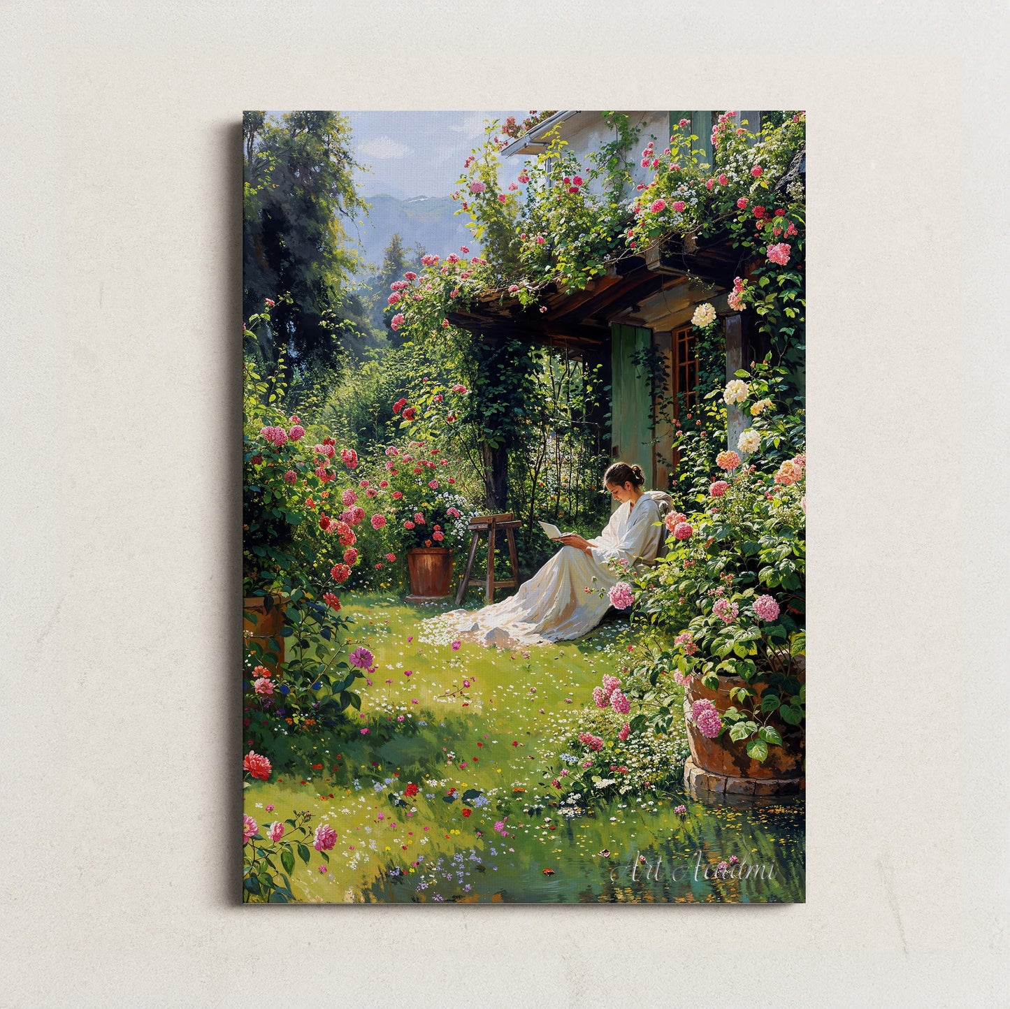 Peaceful Garden Retreat with Blooming Roses and a Woman Reading - Serene Digital Wall Art | Art Academi