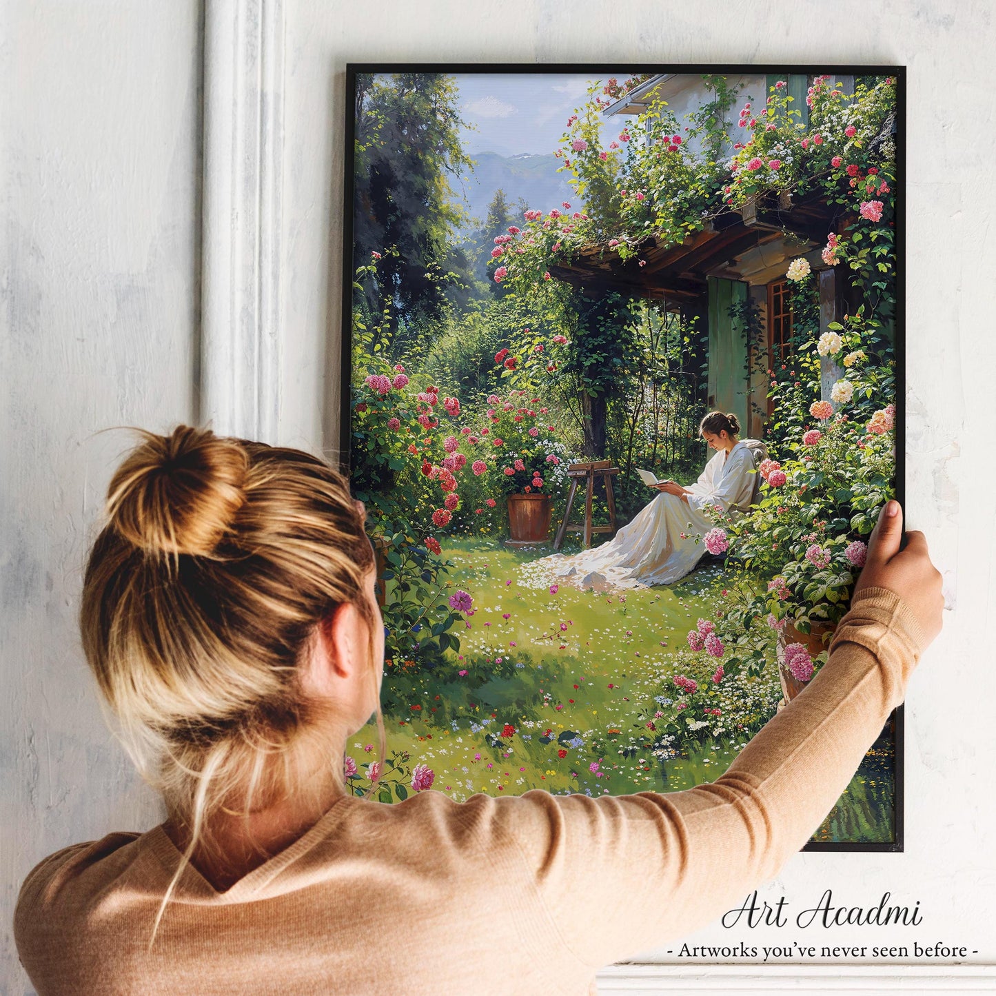 Peaceful Garden Retreat with Blooming Roses and a Woman Reading - Serene Digital Wall Art | Art Academi