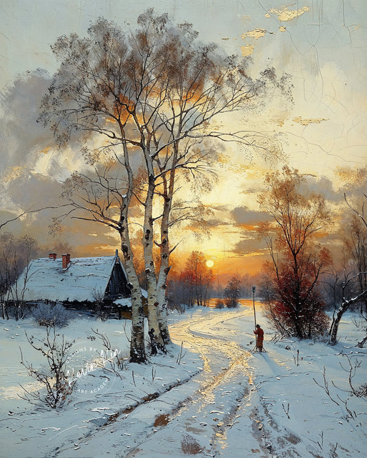 Winter landscape with a person walking on a snow-covered path, trees, and a sunset.