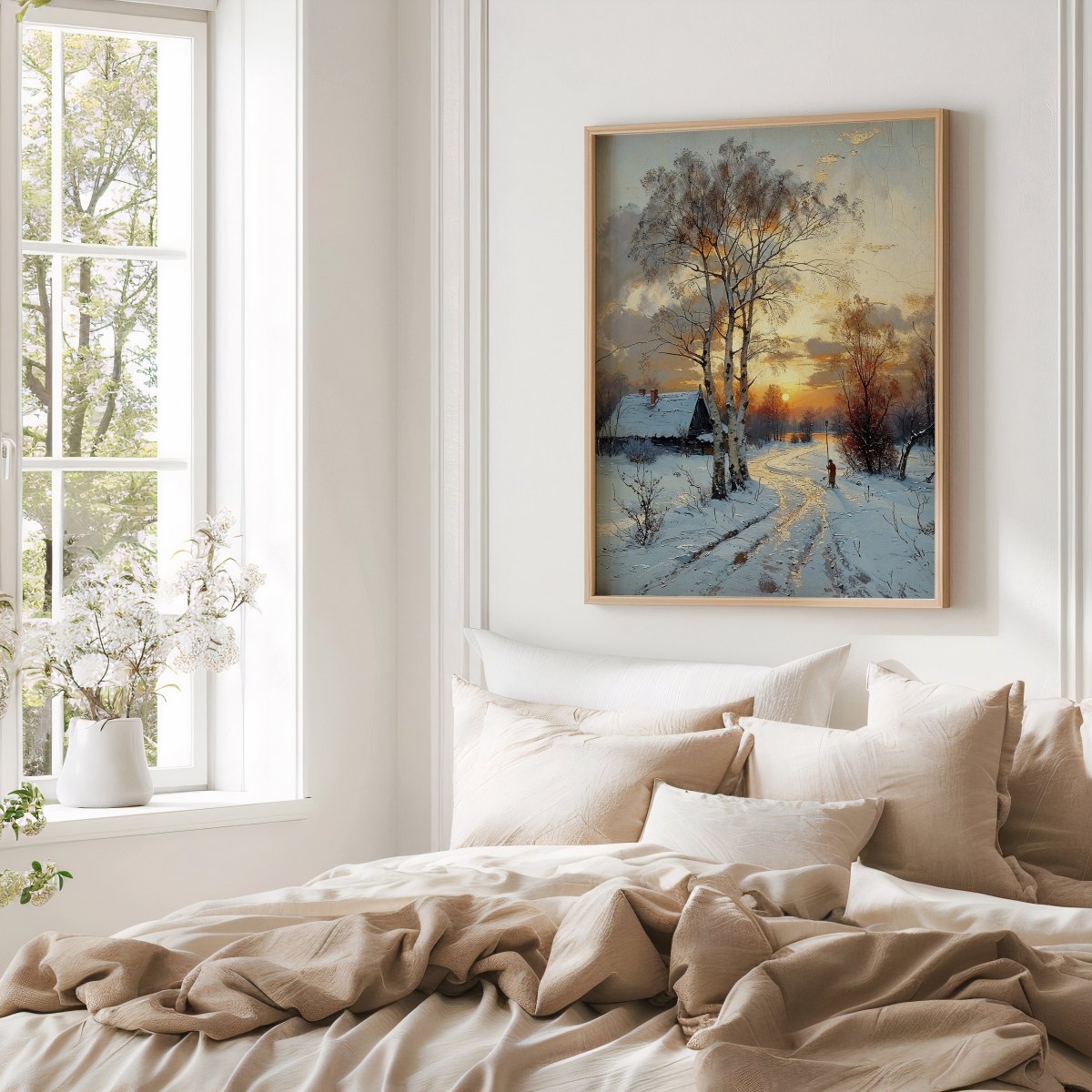 Cozy bedroom with a large bed, framed winter landscape painting on the wall, and a window with natural light.