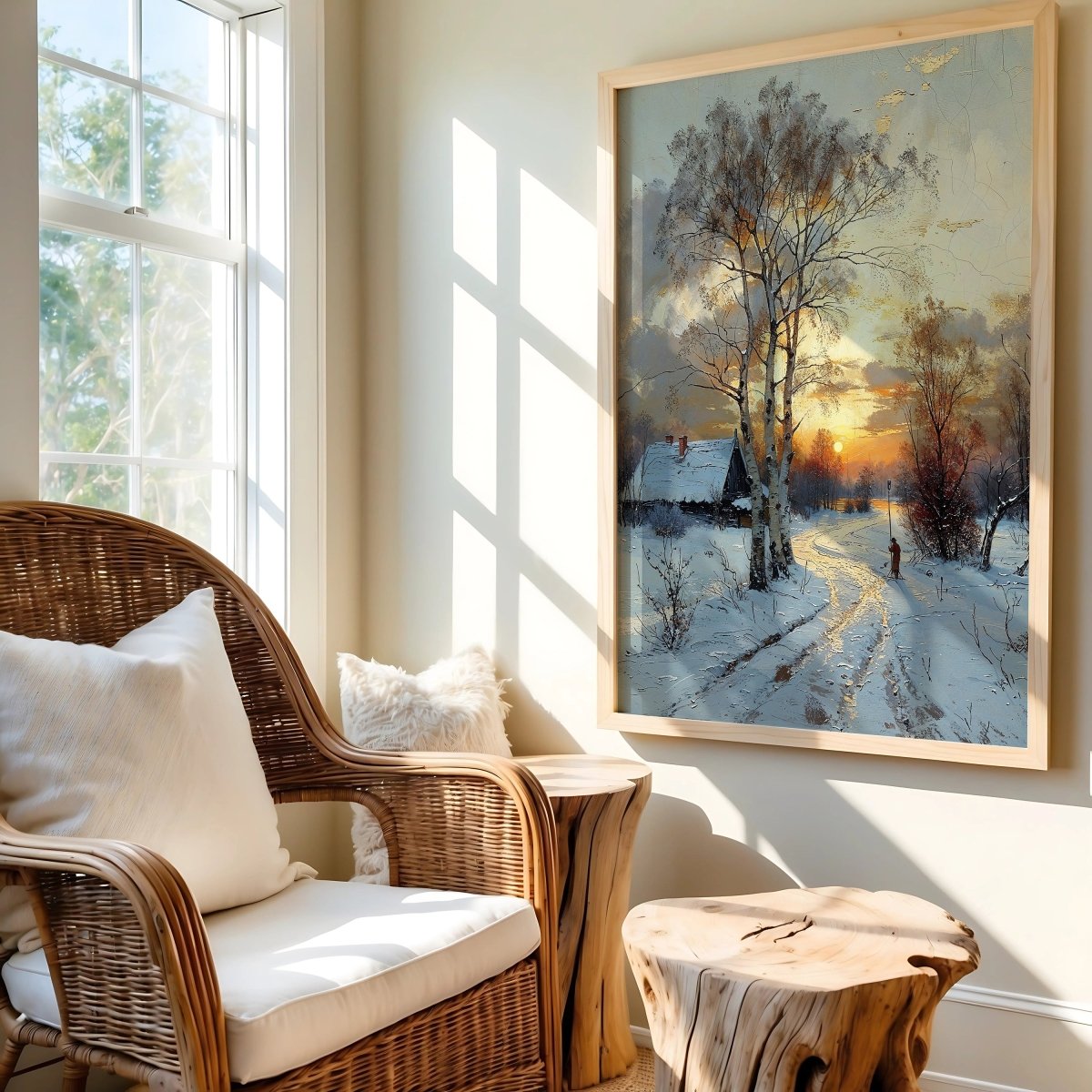 Cozy living room with wicker chair, wooden stool, and winter landscape painting.